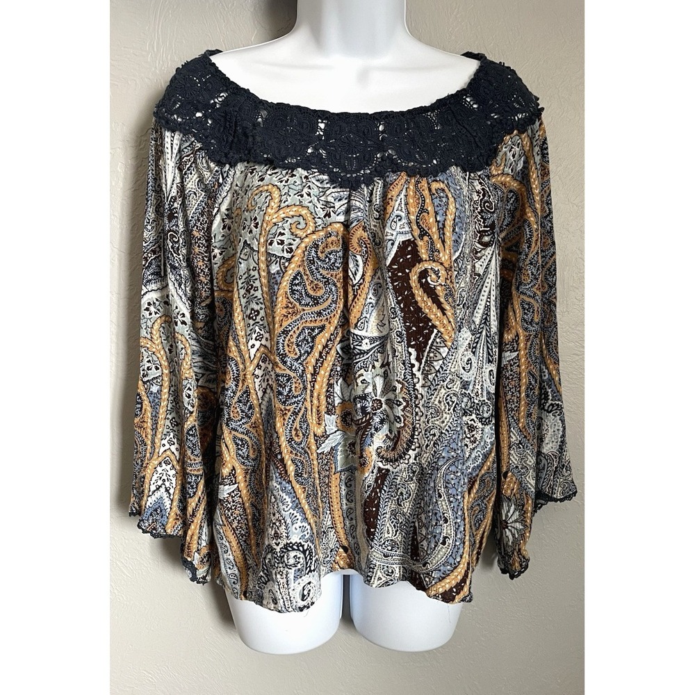 One World Womens Blouse Size Medium Blue Multicolor 3/4 Sleeve Boho Loose Fit